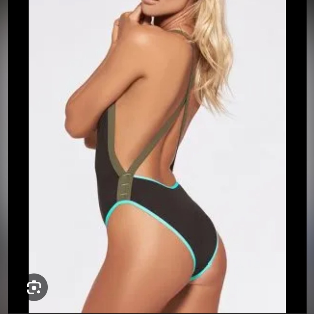 l*space Black One-Piece Swimsuit with Teal Trim and Olive Straps